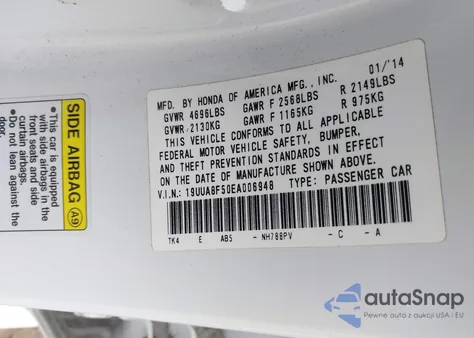 2014 Acura Tl 3.5 из США, поврежденный, VIN 19UUA8F50EA006948